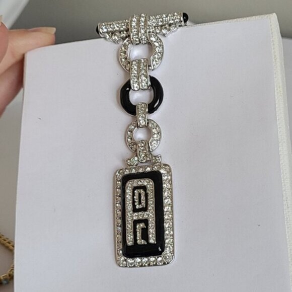 Vintage Art Deco Boho Silver Tone Drop Black Enamel Clear Rhinestone Brooch - Picture 6 of 10